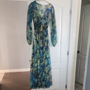 Arden B Tropical Blue and Green Long Sleeve Dress